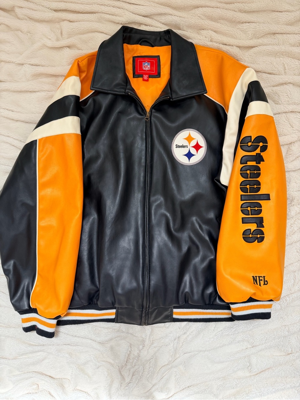 Pittsburgh Steelers NFL leather bomber jacket football black/yellow Sz XL